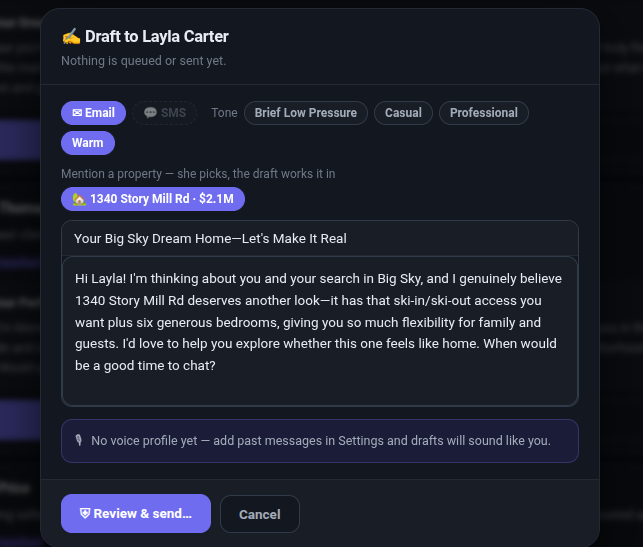 AI draft modal — tone, channel, and property controls with a generated message ready for review