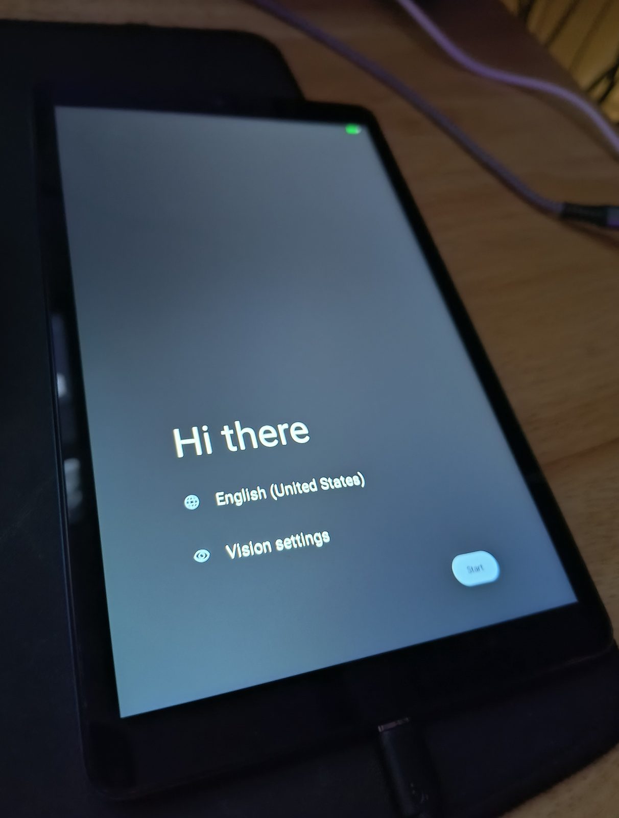 The AOSP setup wizard's "Hi there" screen on the tablet, ten minutes after the flash