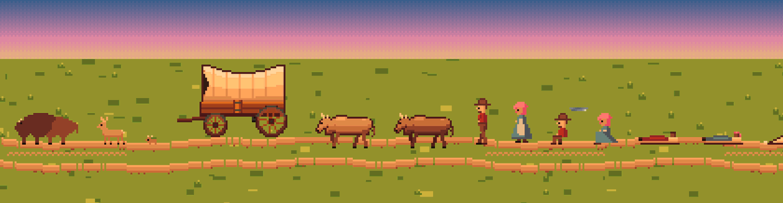The asset gallery lineup — every sprite over the authored ground strip, lit by the time-of-day grade