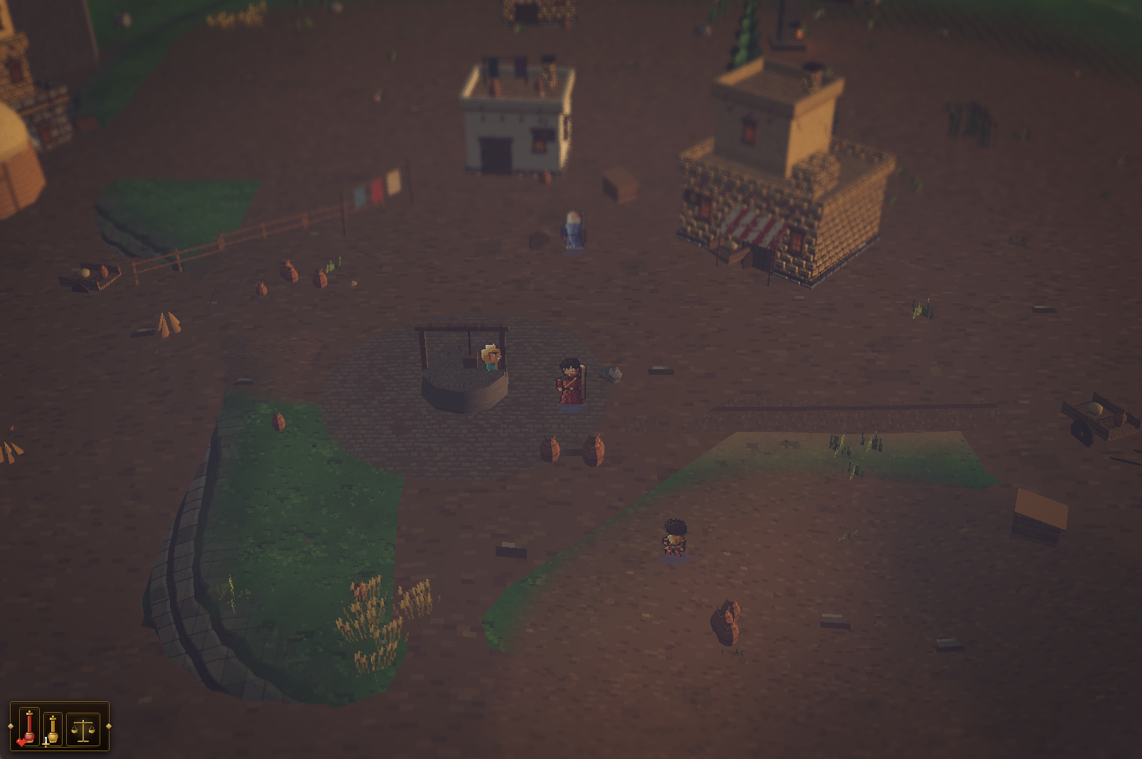 The starting area — a small village with market stalls, scattered NPCs, and not much to do yet